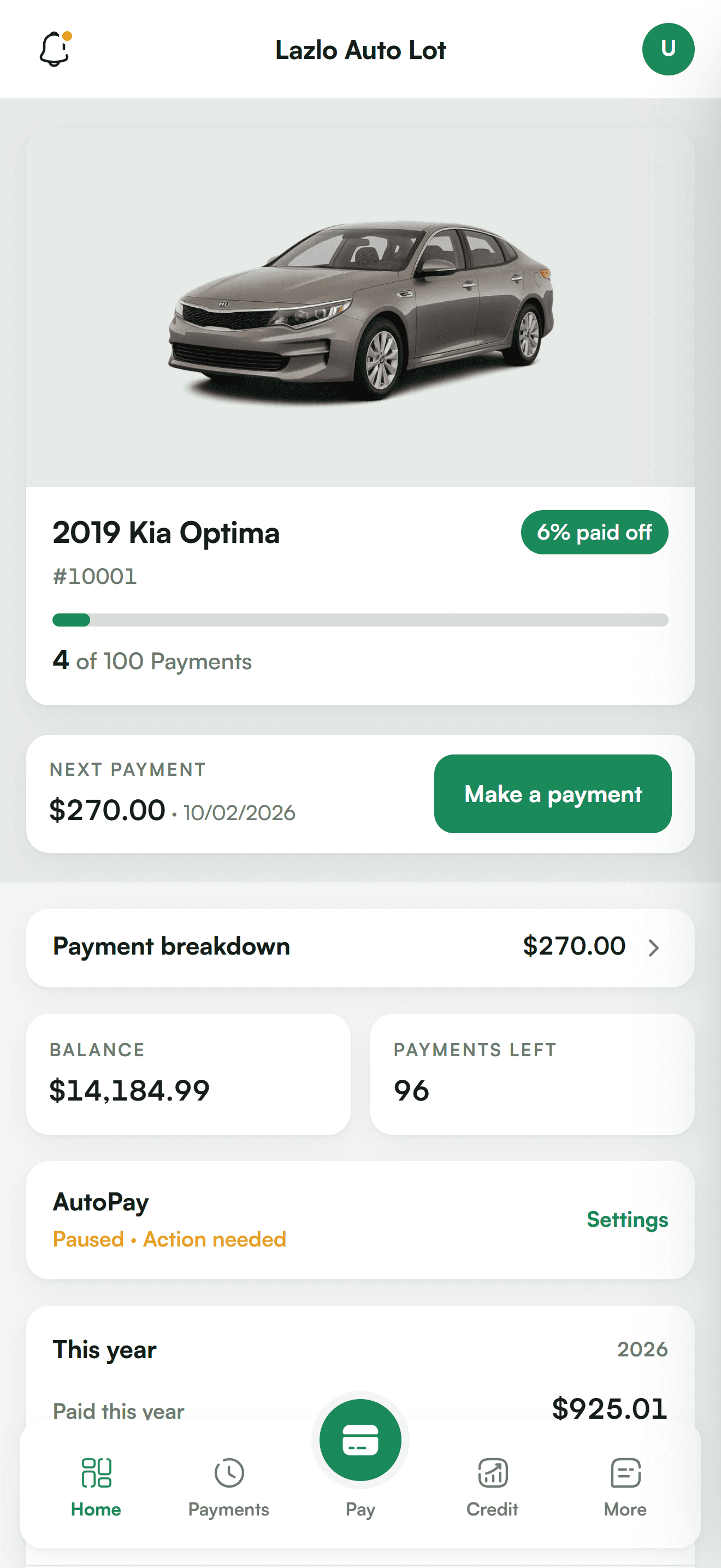 The AmortPay borrower screen: the car, the balance, one button to pay