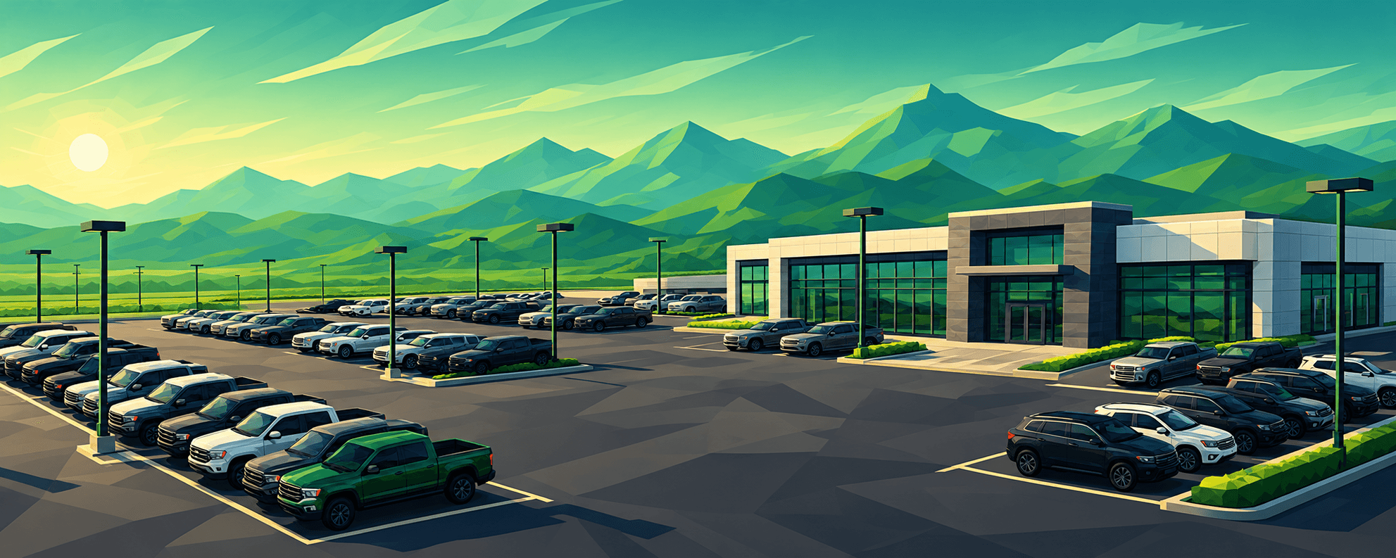A buy here pay here lot at sunrise, mountains behind it